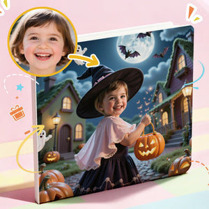 Halloween-themed product with a child in a witch costume and pumpkins on a pink background