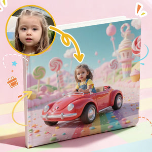 Portratale personalized book cover with a child in a red car in a candyland setting, with a close-up of a child's face on a pink background.