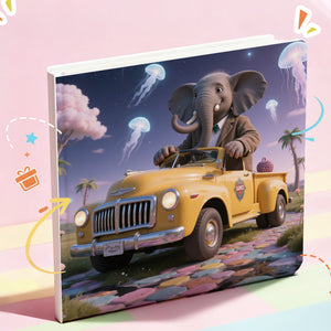 A Portratale personalized story book Illustrats  an elephant driving a yellow truck with jellyfish and palm trees in the background