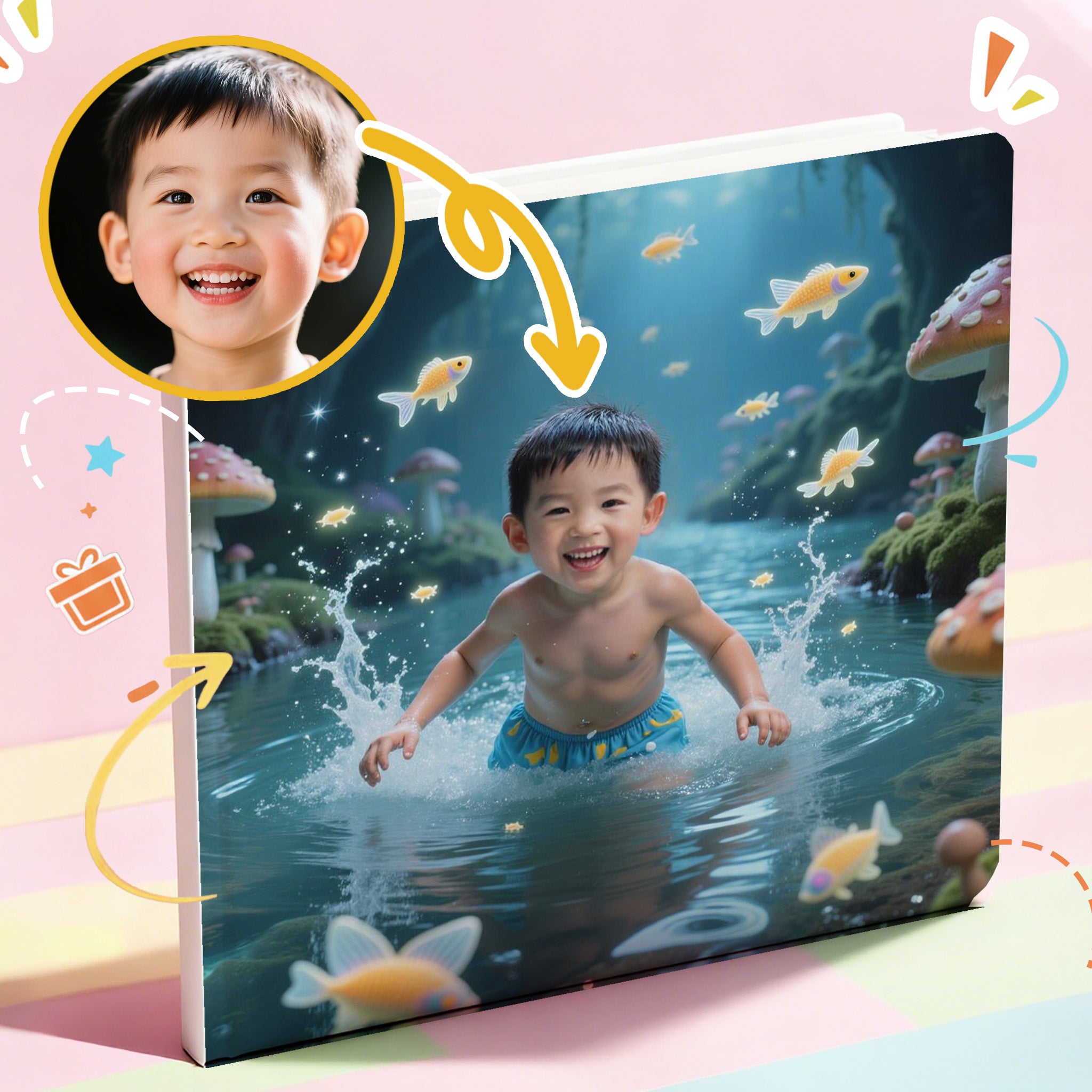 In a Portratale personalized story book, a boy is playing with fish in an underwater scene on a book cover.