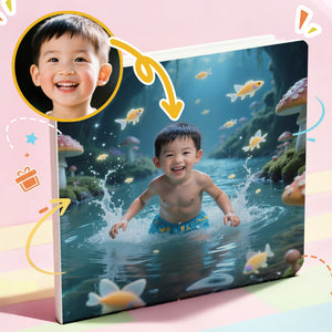 In a Portratale personalized story book, a boy is playing with fish in an underwater scene on a book cover.
