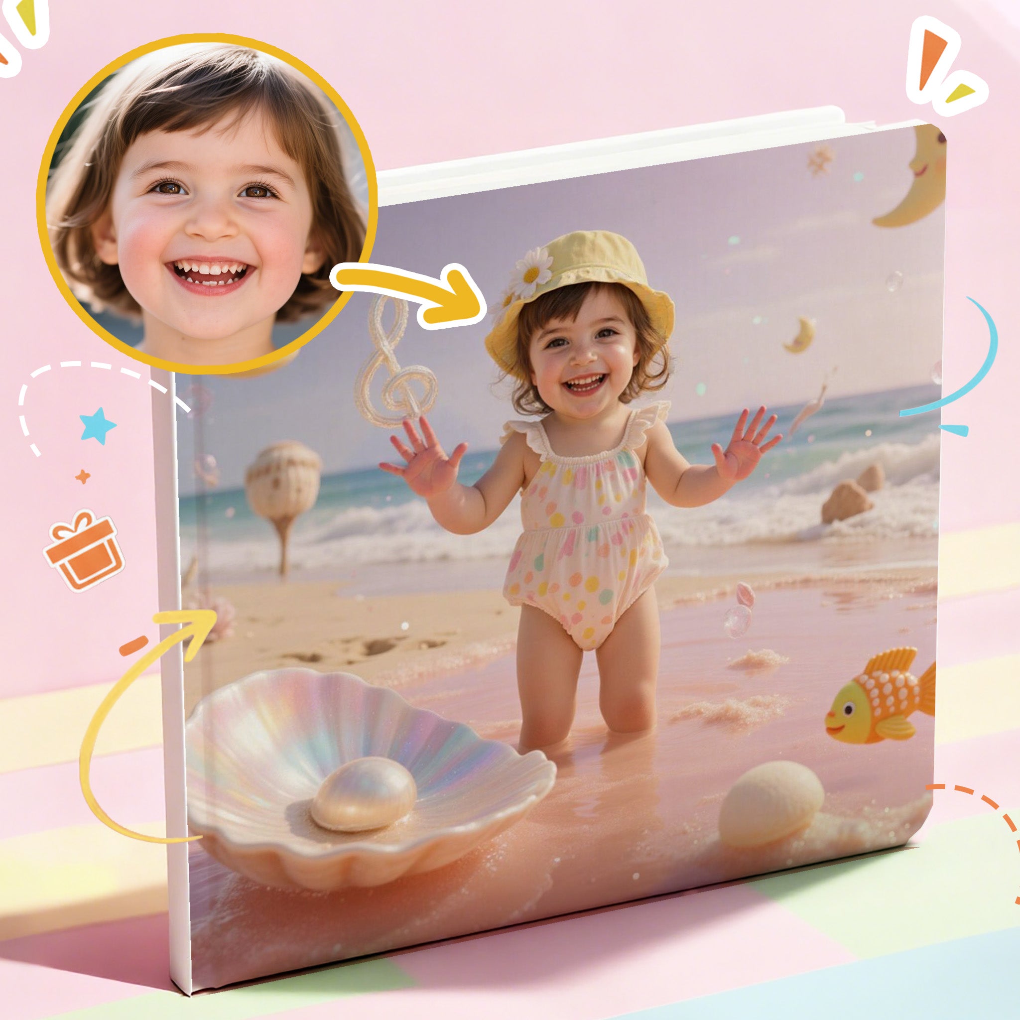 Portratale personalized story book cover with a beach scene and a little girl's face. 