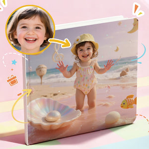 Portratale personalized story book cover with a beach scene and a little girl's face. 