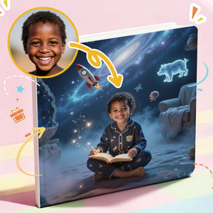 Children's personalized book with a bigs and smalls-themed cover featuring a child reading.
