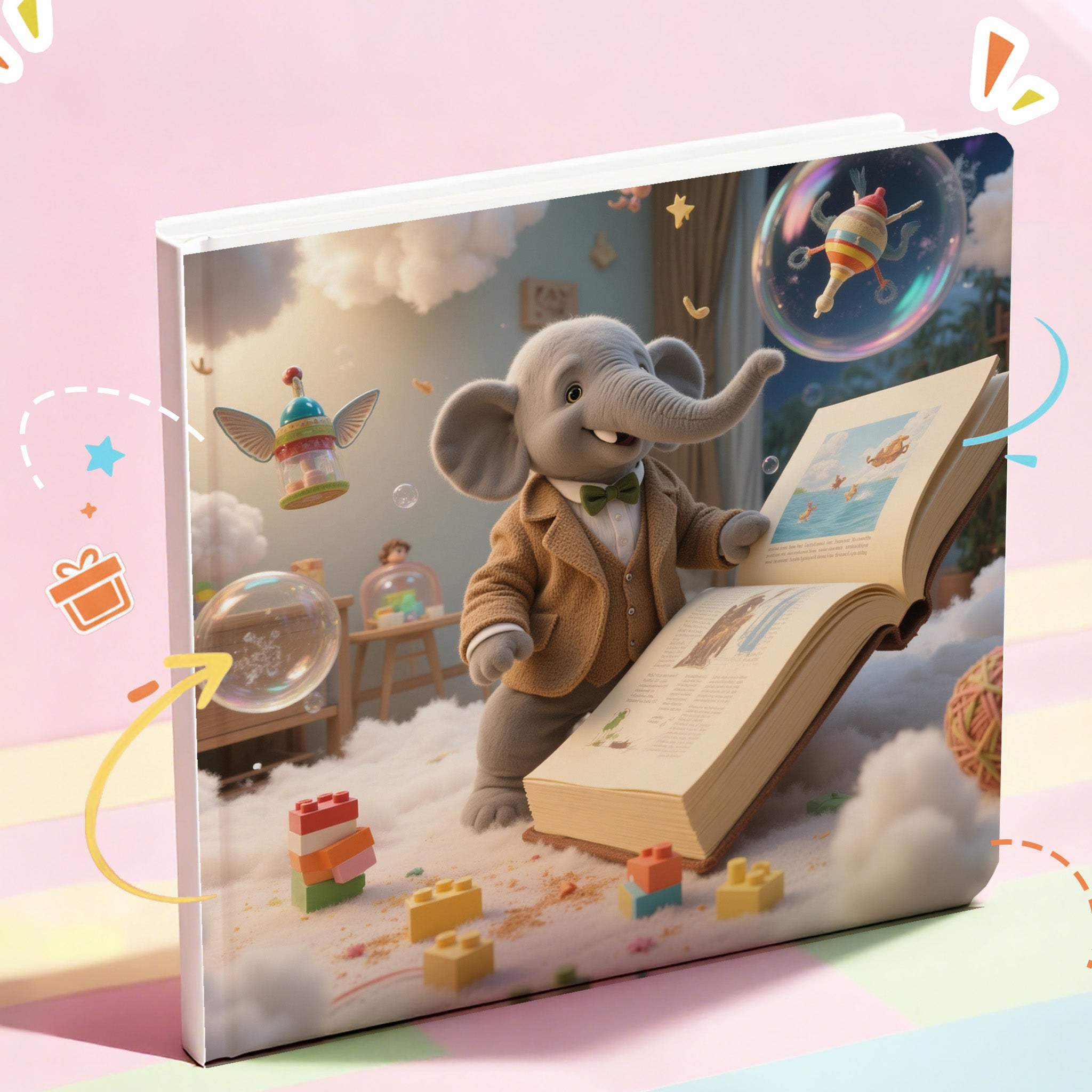 A Portratale personalized story book Illustrats an elephant reading a book in a playful room.