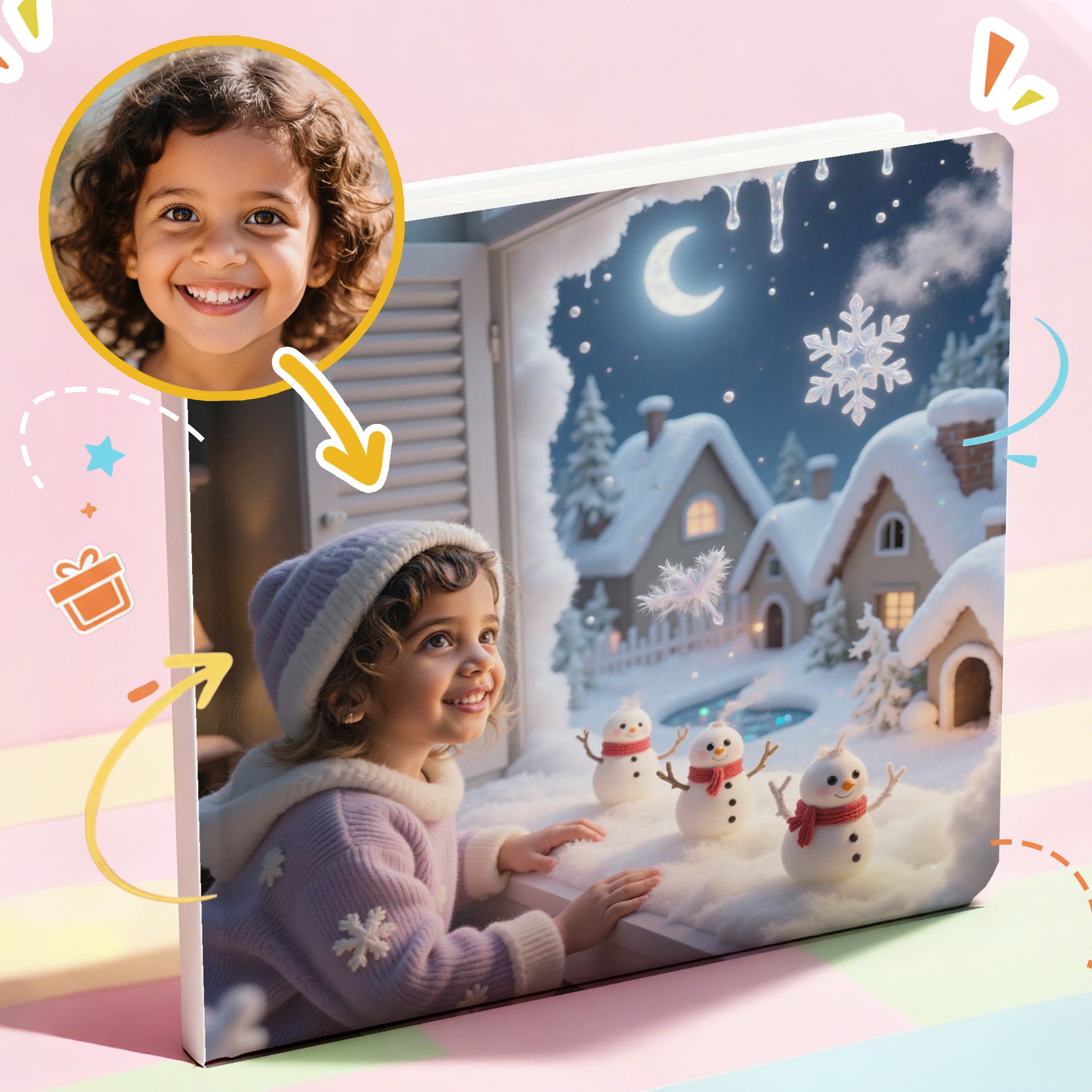 In her own Portratale personalized storybook, a girl is looking out a snowy window with snowmen