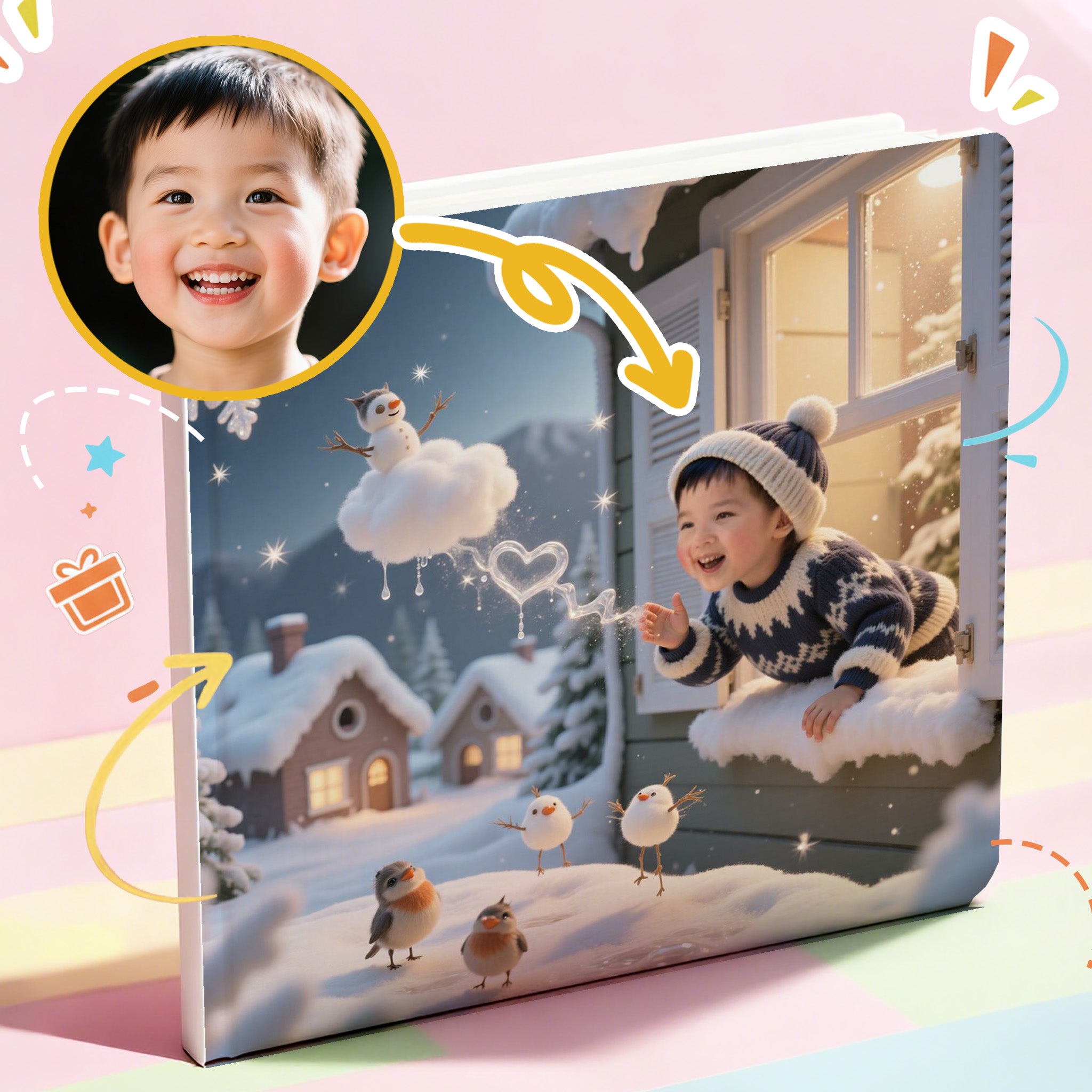 A personalized Portratale  storybook cover with a snowy scene and a child playing outdoors, featuring a snowy day in winter