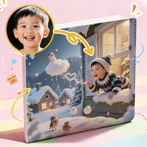A personalized Portratale  storybook cover with a snowy scene and a child playing outdoors, featuring a snowy day in winter