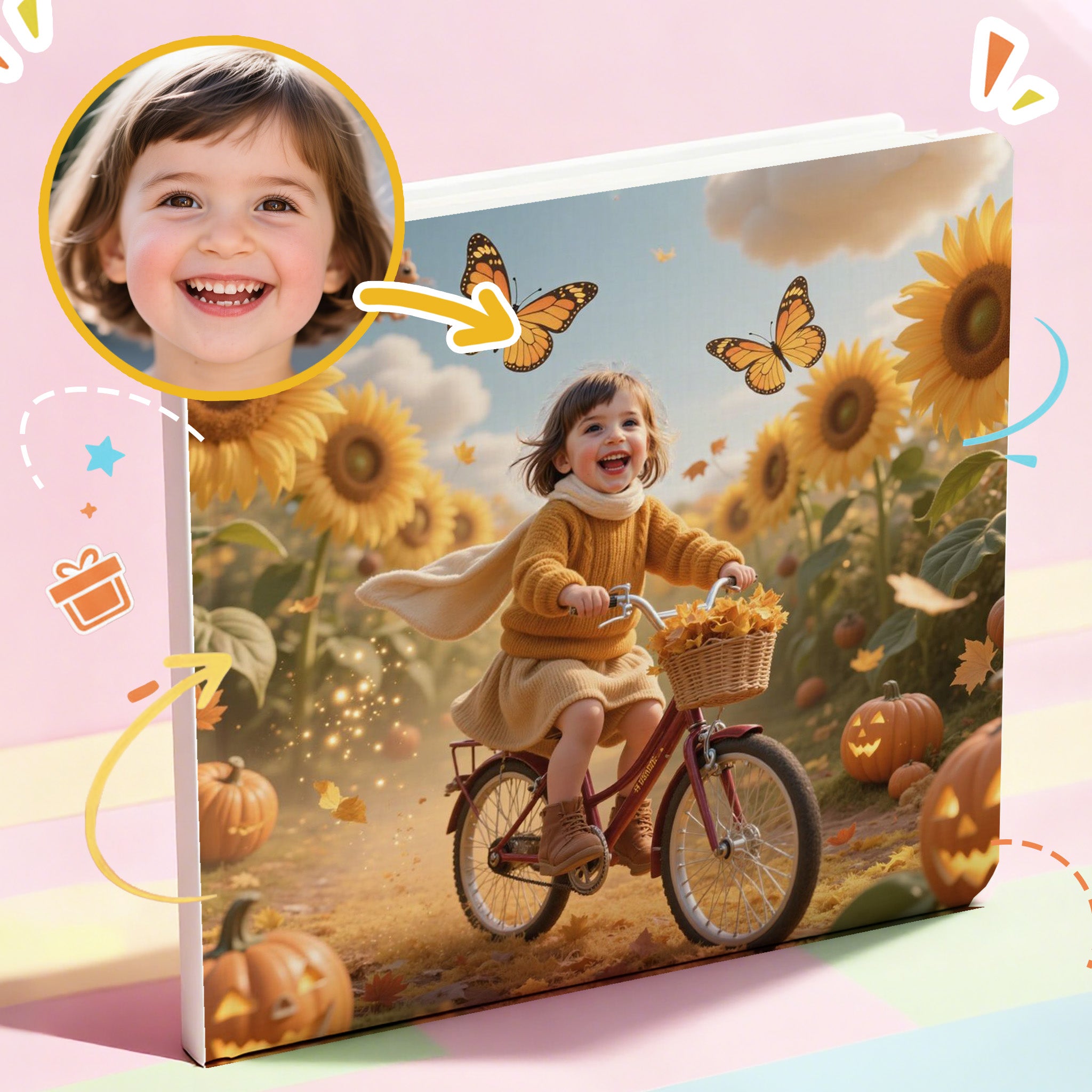 personalized Portratale  storybook packaging with a child on a bike in a sunflower field, surrounded by pumpkins and butterflies