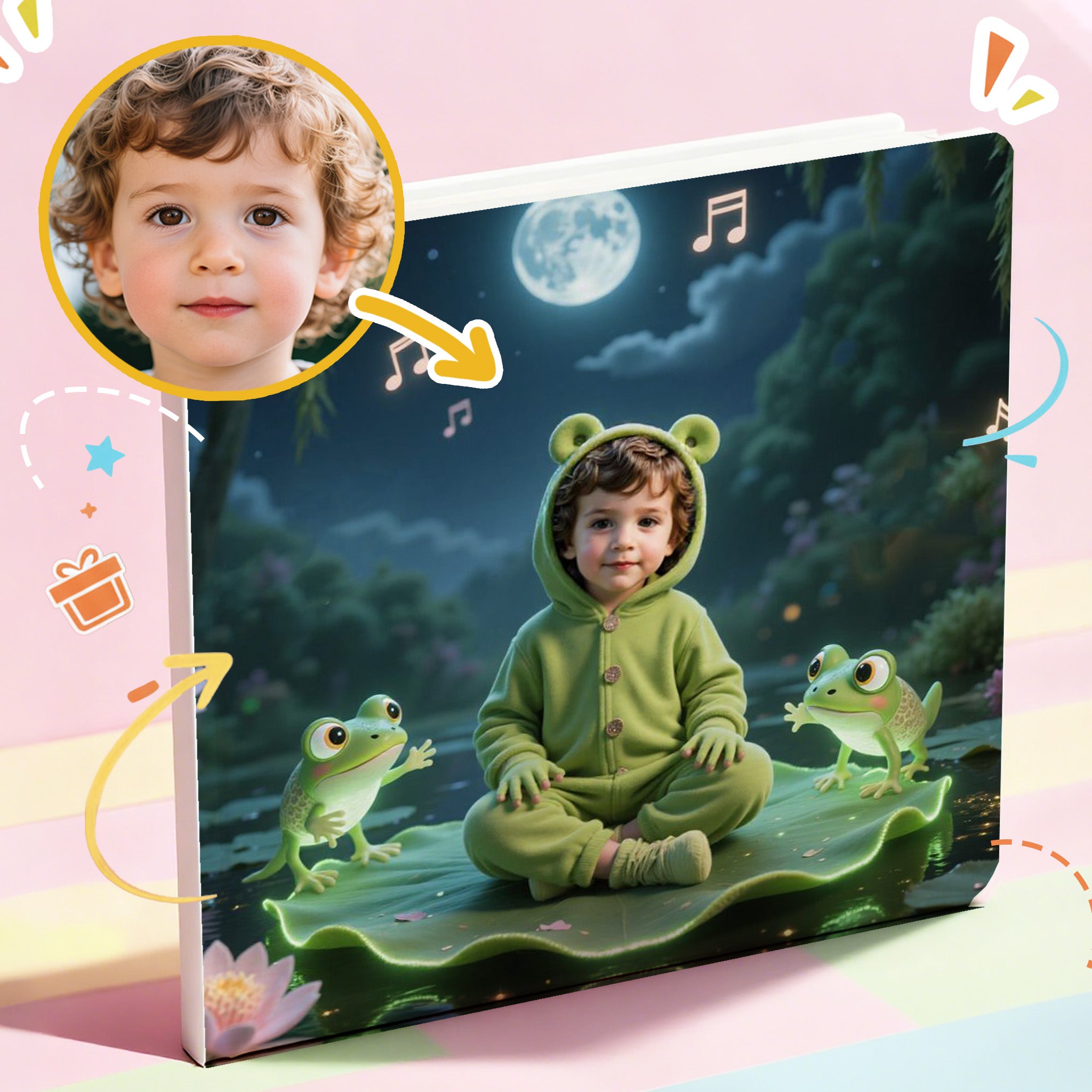 In his own Portratale personalized storybook, a boy is sitting with a frog-themed cover featuring a child in a green frog costume in summer