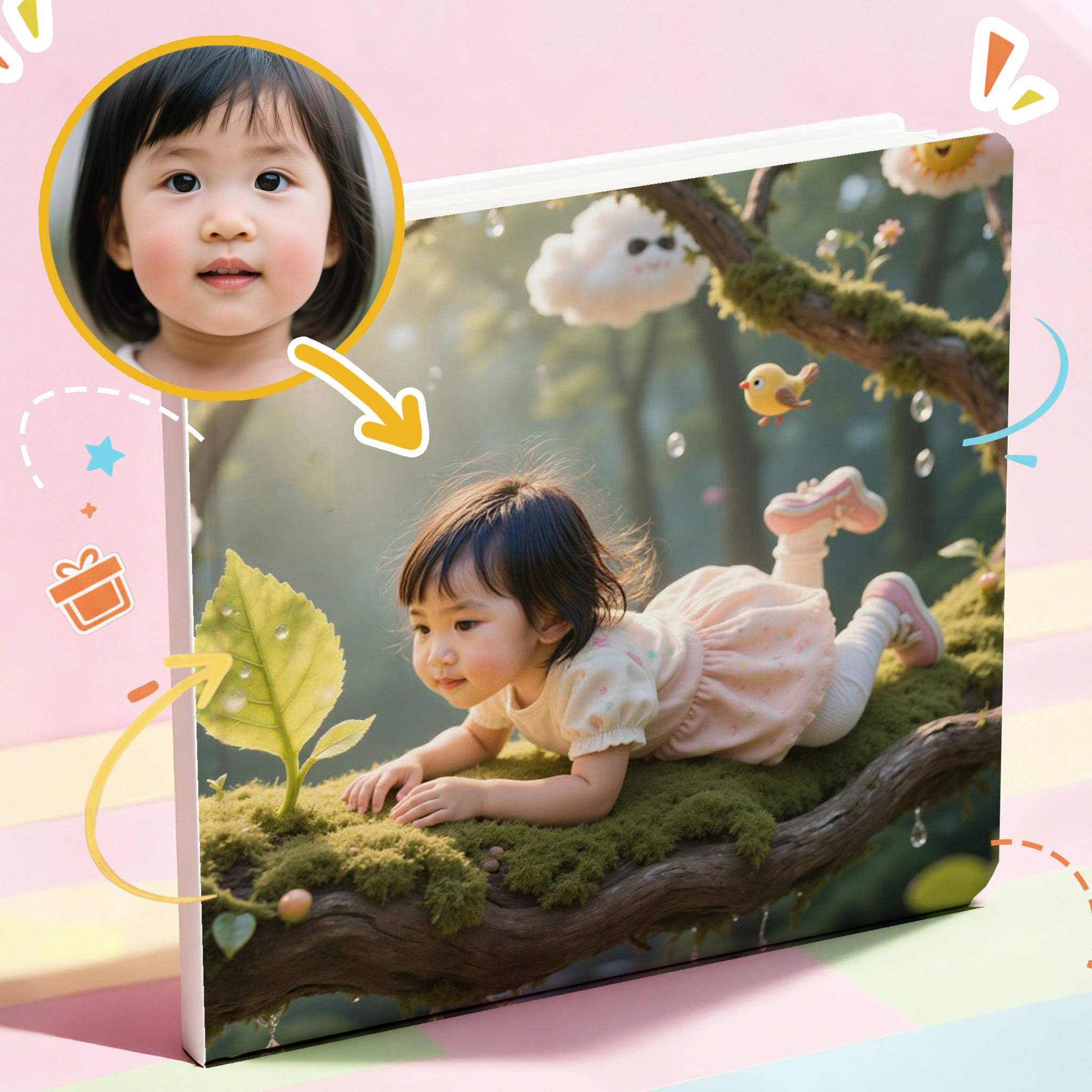 In her own personalized Portratale storybook, a girl in a pink dress lying on a green leaf with a fantasy background, surrounded by colorful graphics