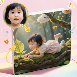 In her own personalized Portratale storybook, a girl in a pink dress lying on a green leaf with a fantasy background, surrounded by colorful graphics