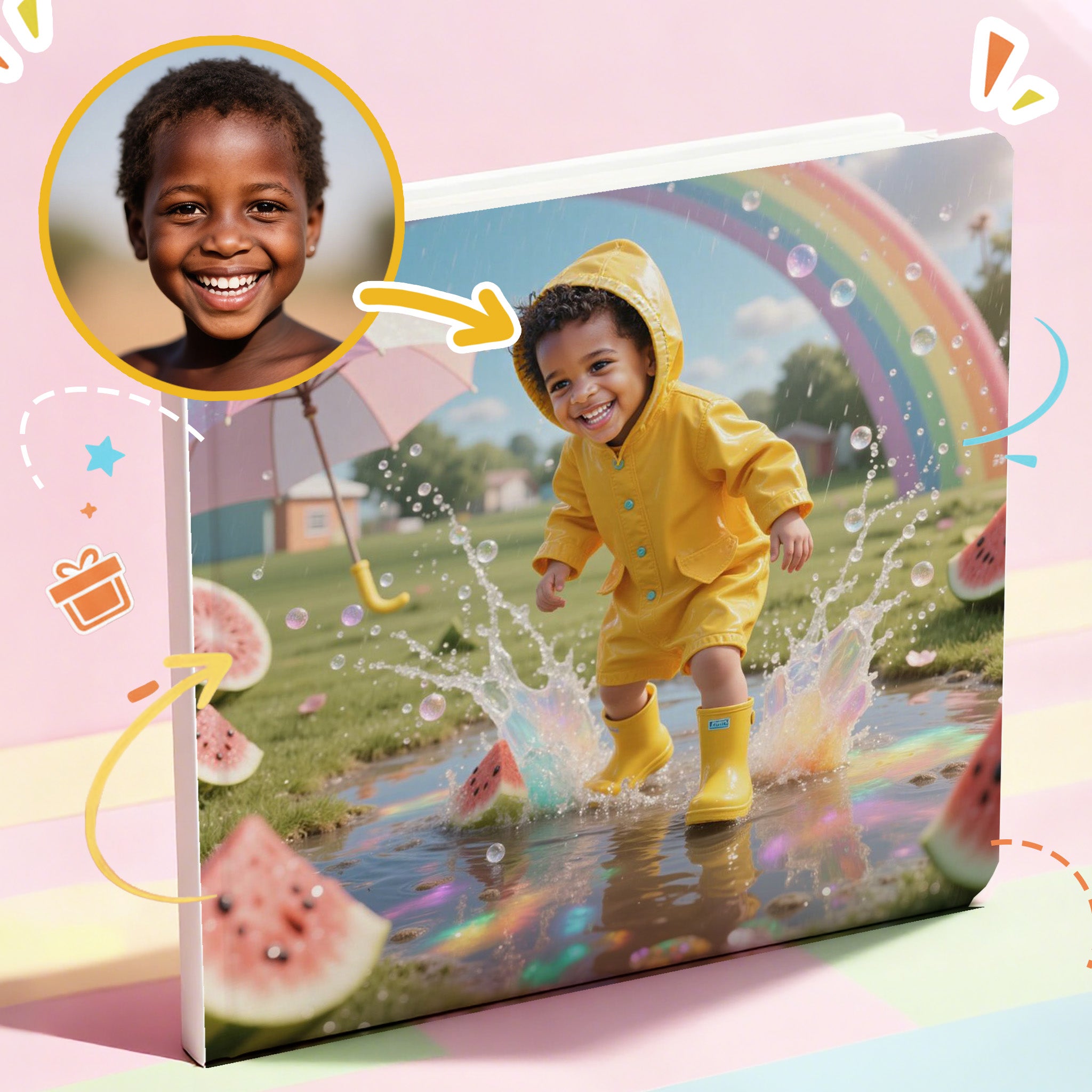 In his own Portratale personalized storybook, a child in a yellow raincoat and boots playing in water with a rainbow, surrounded by colorful graphics