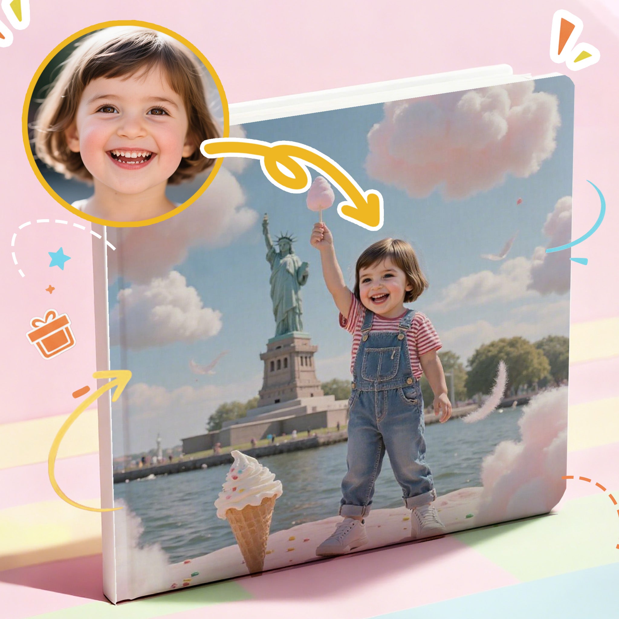 a photo of a printed personalized storybook of a child with the Statue of Liberty in the background, with a close-up of the child's face on a pink background.