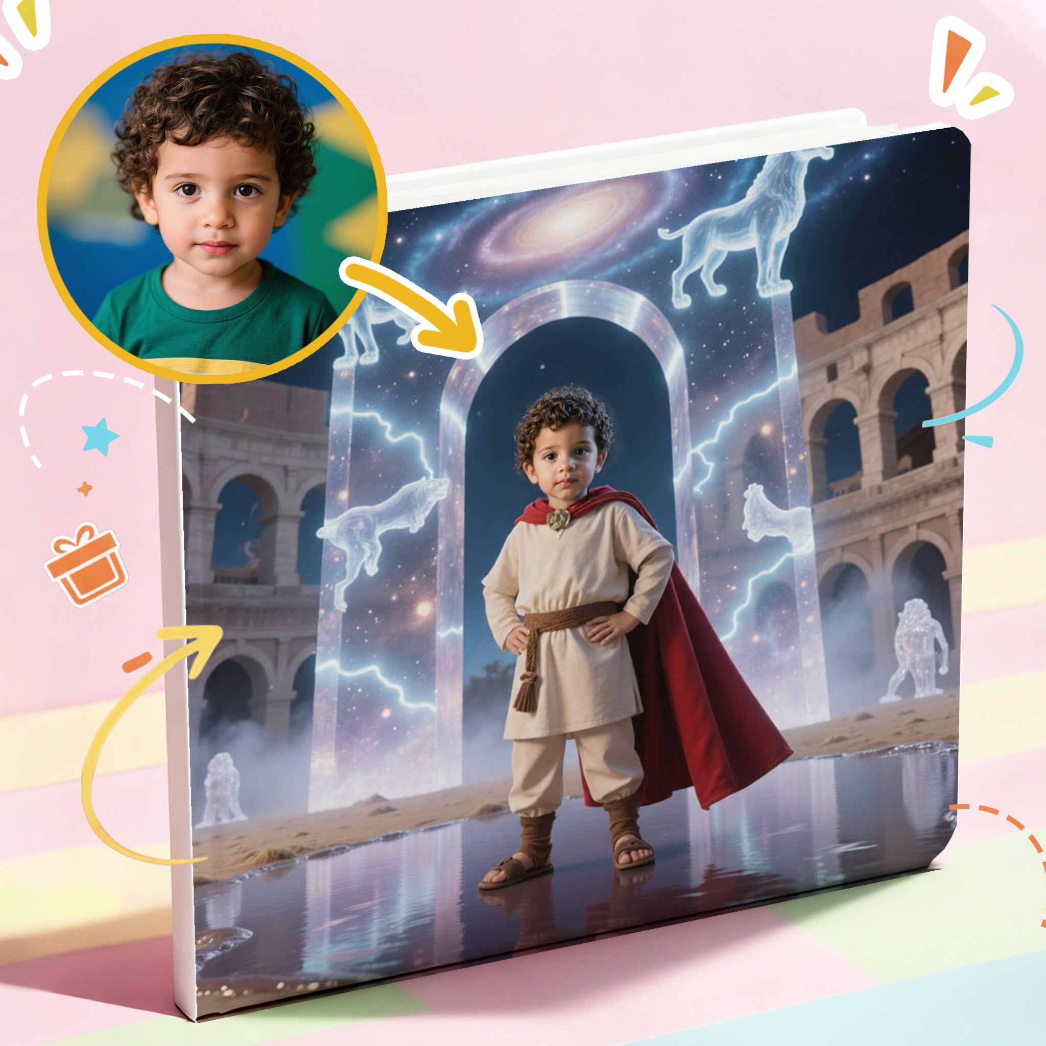 In his own personalized storybook, a Child in Roman costume standing in front of Colosseum graphic on a product packaging with a close-up of the child's face