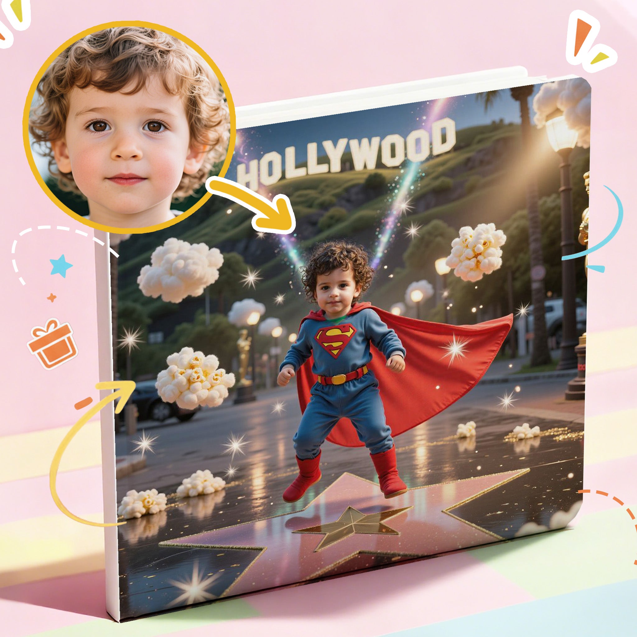 In his own personalized storybook, Child in Superman costume on a star with Hollywood sign in the background