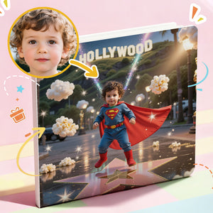 In his own personalized storybook, Child in Superman costume on a star with Hollywood sign in the background