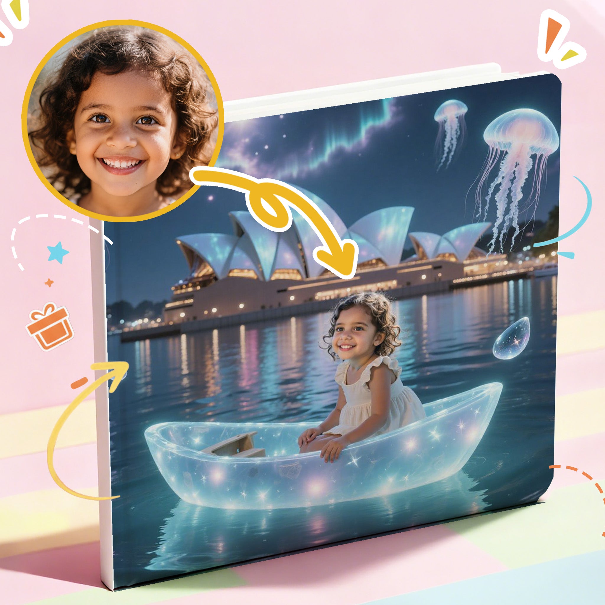 personalized storybook packaging with a child in a boat and Sydney Opera House, surrounded by colorful graphics.