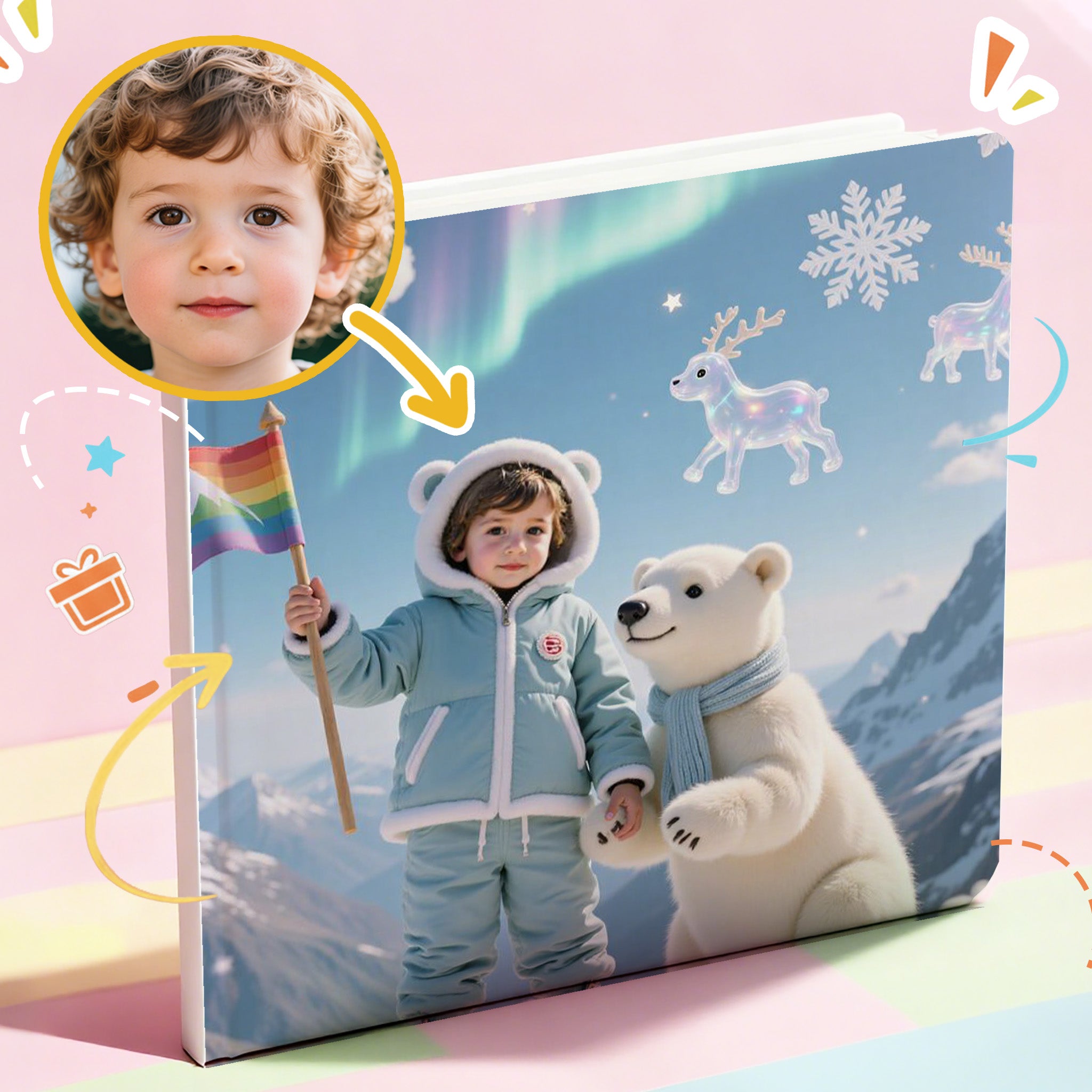 Children's  personalized storybook with a snowy scene featuring a child, polar bear, and rainbow flag on a pink background.