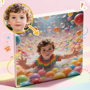 In his own portratale_ personalized storybook, a boy playing with colorful balls in a ball pit, with a close-up of the child's face on a pink background.