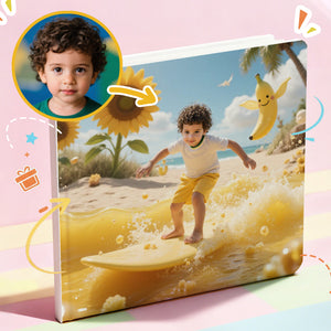 portratale_personalized storybook packaging with a child on a surfboard, sunflower, and banana illustration.