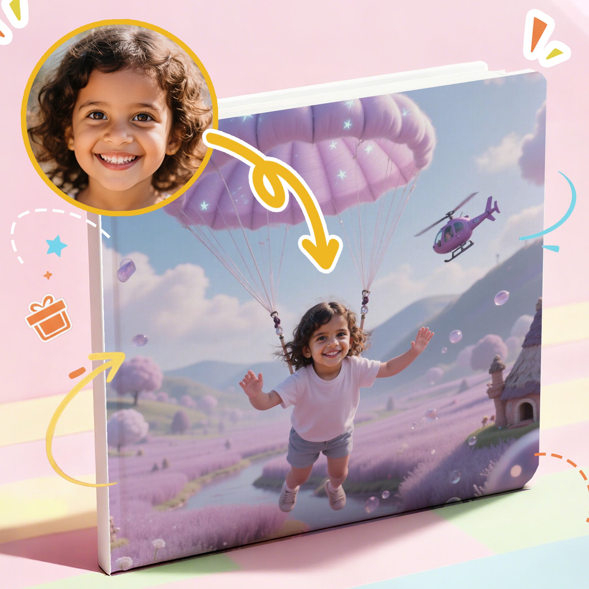 A personalized storybook with a colorful cover featuring a girl in a pink dress and purple balloons.
