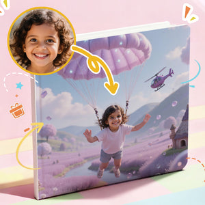 A personalized storybook with a colorful cover featuring a girl in a pink dress and purple balloons.